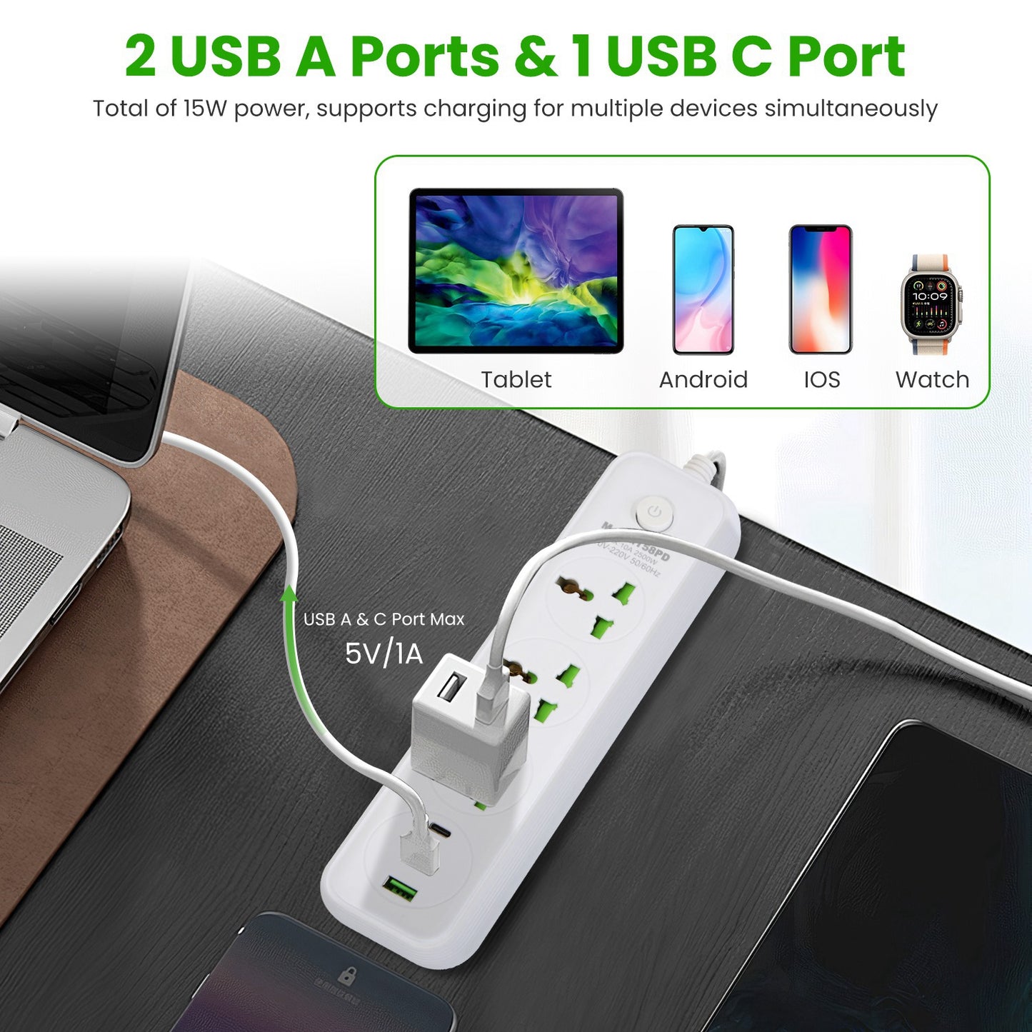 6-in-1 Power Strip with USB-C – 3 AC Outlets, 2 USB-A, 6FT Extension Cord, 2500W Wall Mount Surge Protector | GedZone