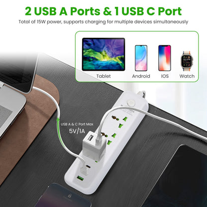 6-in-1 Power Strip with USB-C – 3 AC Outlets, 2 USB-A, 6FT Extension Cord, 2500W Wall Mount Surge Protector | GedZone