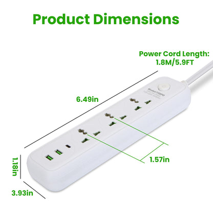 6-in-1 Power Strip with USB-C – 3 AC Outlets, 2 USB-A, 6FT Extension Cord, 2500W Wall Mount Surge Protector | GedZone