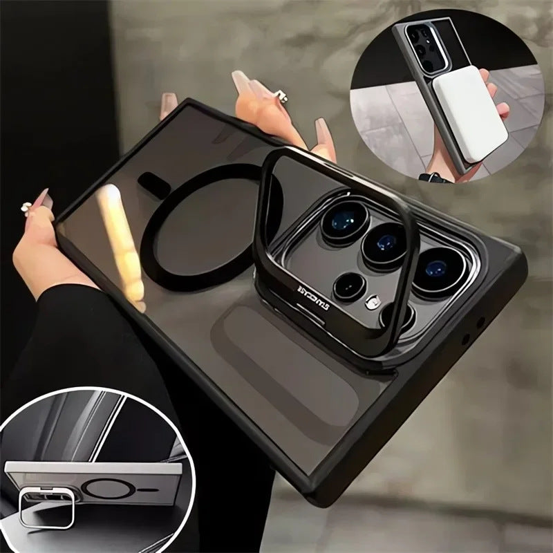 Clear magnetic phone case for Samsung Galaxy S24 Ultra with camera kickstand and lens protector