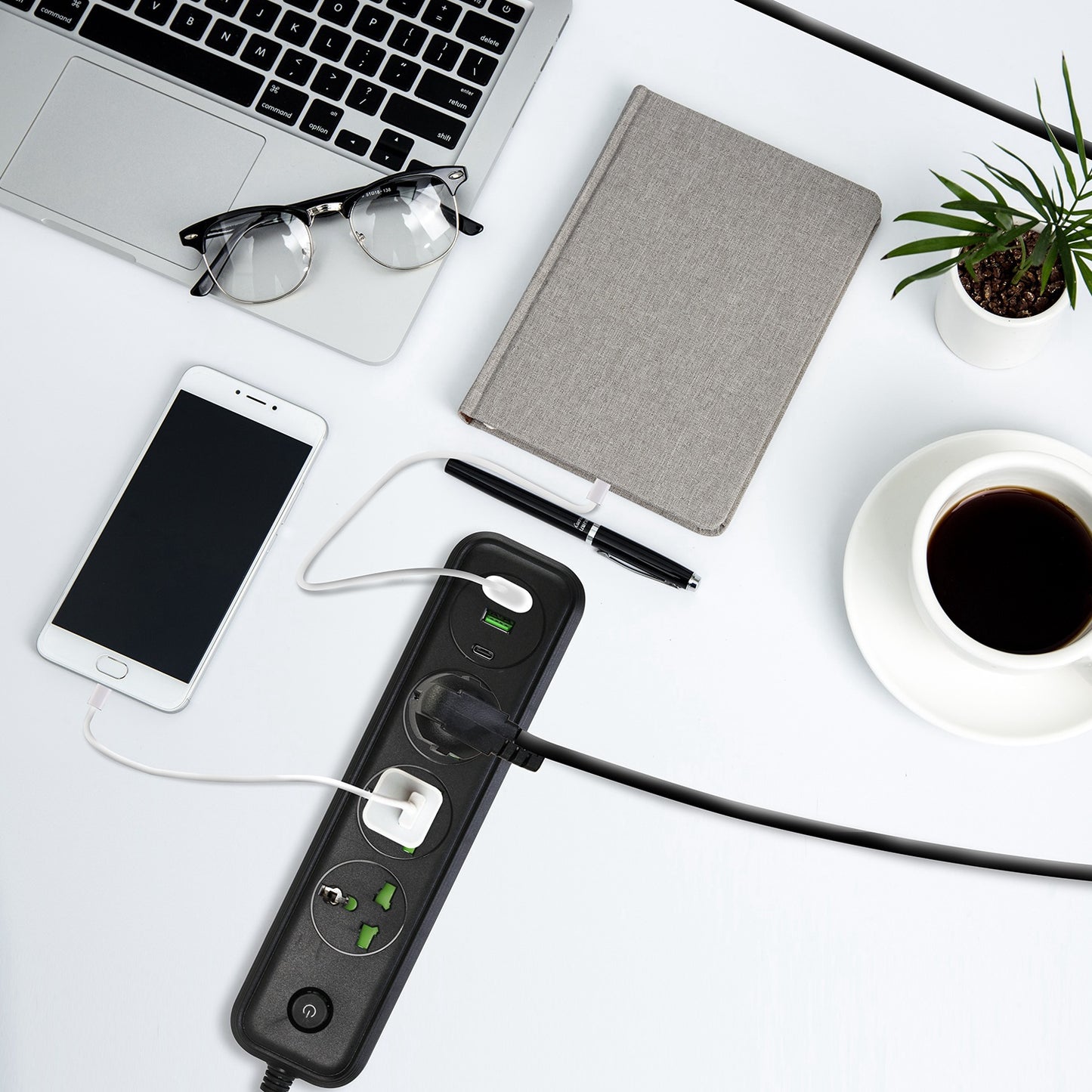 6-in-1 Power Strip with USB-C – 3 AC Outlets, 2 USB-A, 6FT Extension Cord, 2500W Wall Mount Surge Protector | GedZone