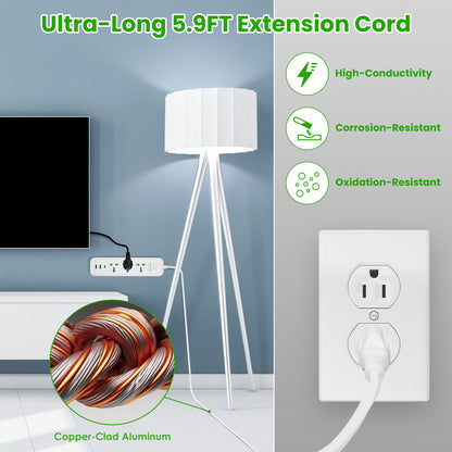 6-in-1 Power Strip with USB-C – 3 AC Outlets, 2 USB-A, 6FT Extension Cord, 2500W Wall Mount Surge Protector | GedZone